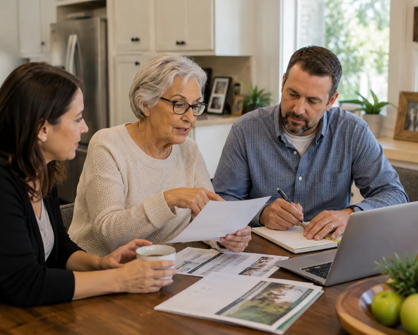 Family reviewing senior care costs and financial planning options at home